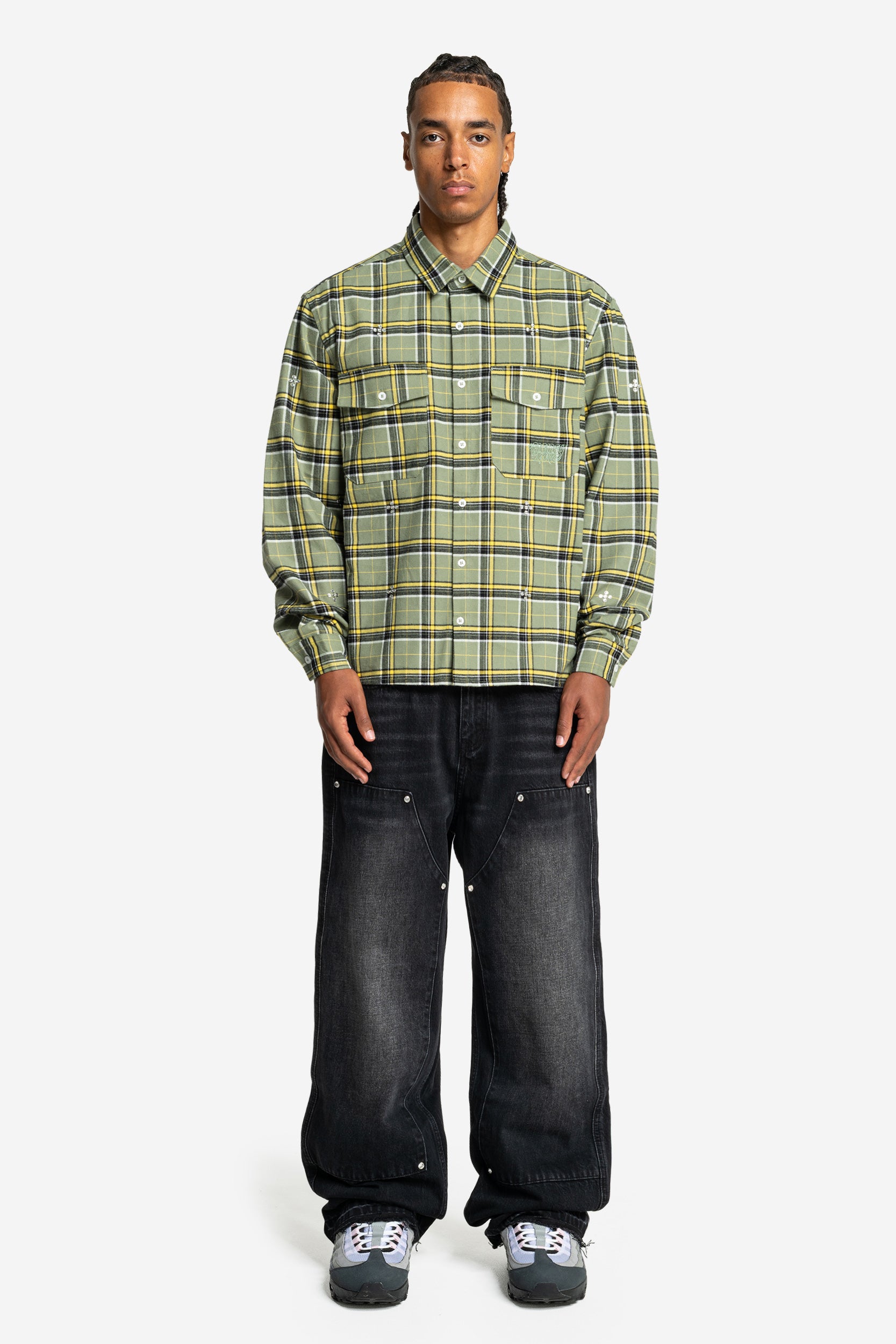 PLUS RHINESTONE FLANELL GREEN + RHINESTONE CARPENTER DENIM BLACK