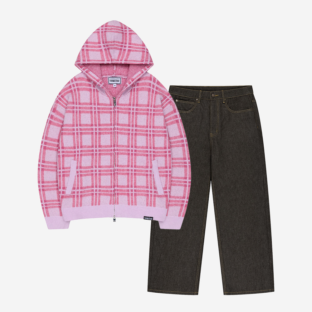 PLAID FUZZY KNIT ZIP PINK + RAW BASE DENIM BROWN