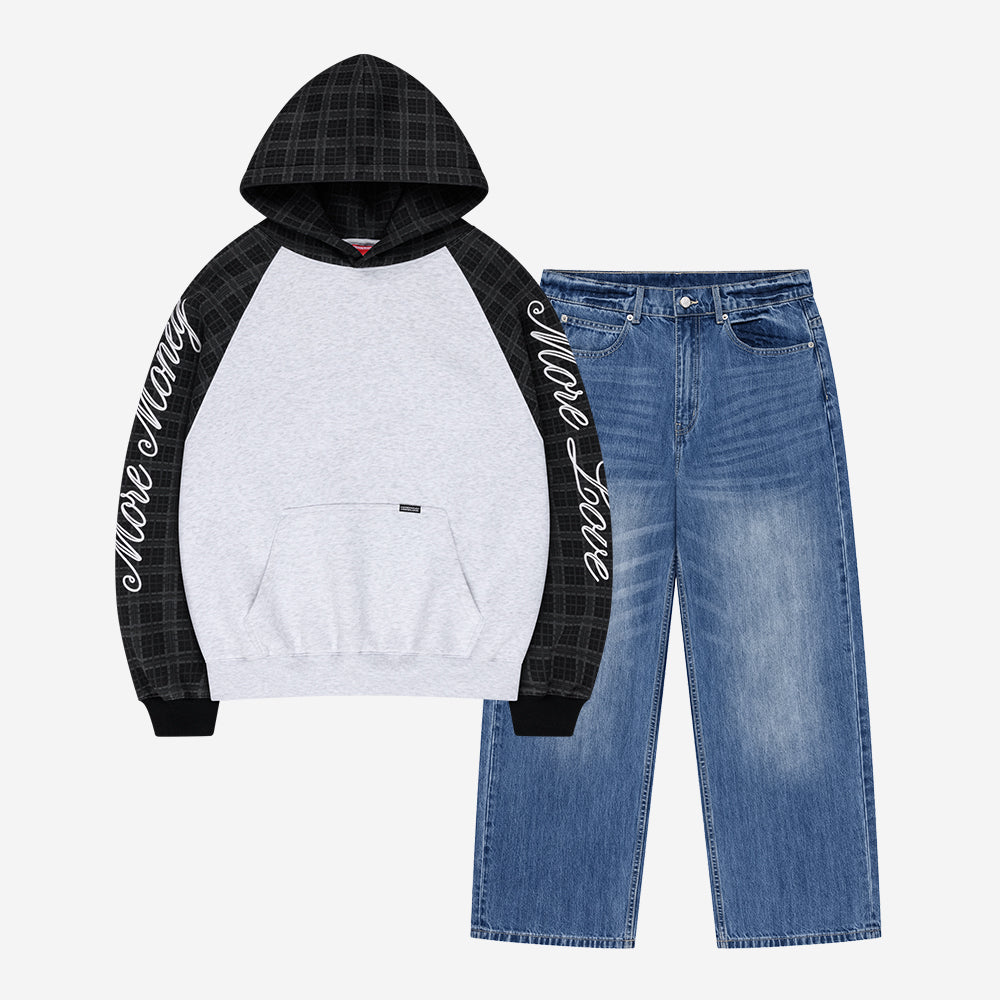 PLAID SCRIPT RAGLAN HOODIE BLACK + BASE DENIM LIGHT BLUE