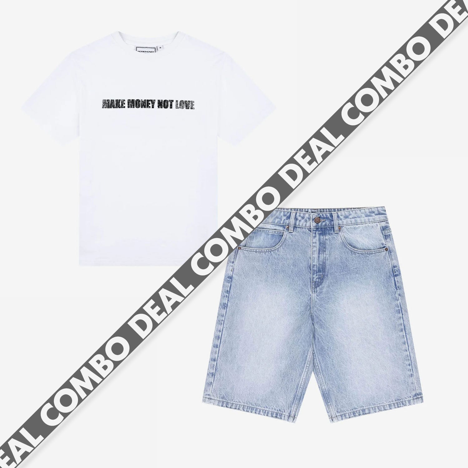MAKE MONEY TEE WHITE + DIVISION JORTS LIGHT BLUE