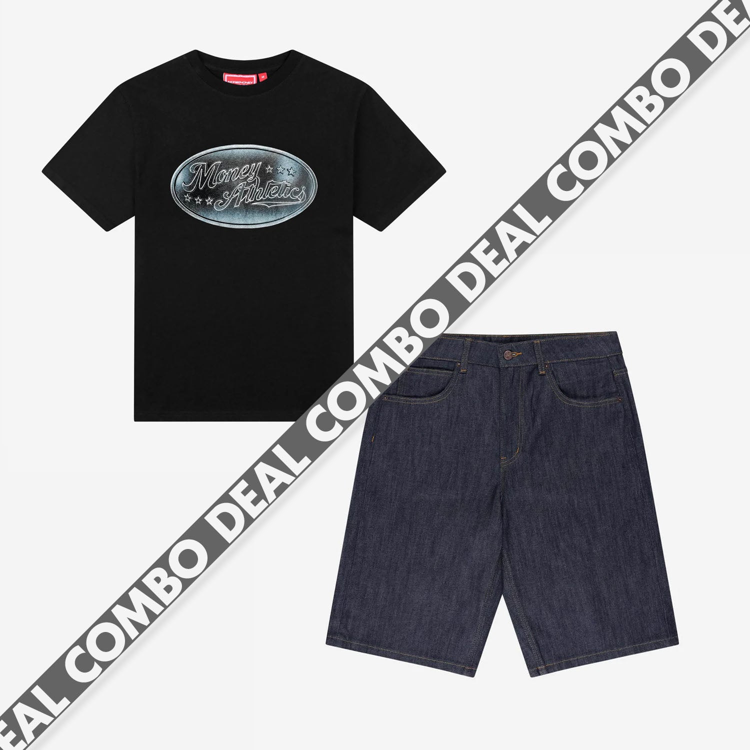 MONEY ATHL. TEE BLACK + BASE JORTS RAW BLUE