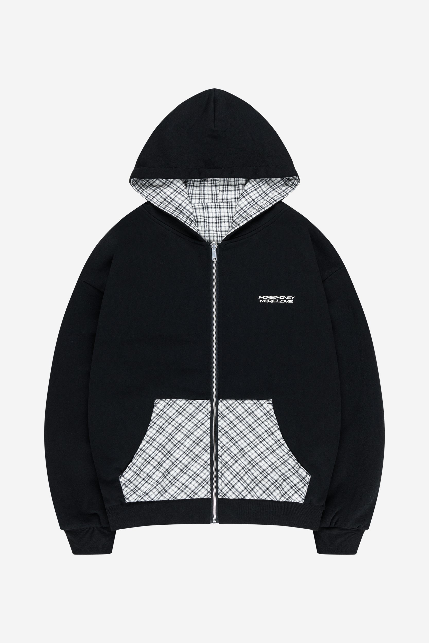 REVERSIBLE PLAID ZIP HOODIE BLACK + REPAIR DENIM BLACK IRON