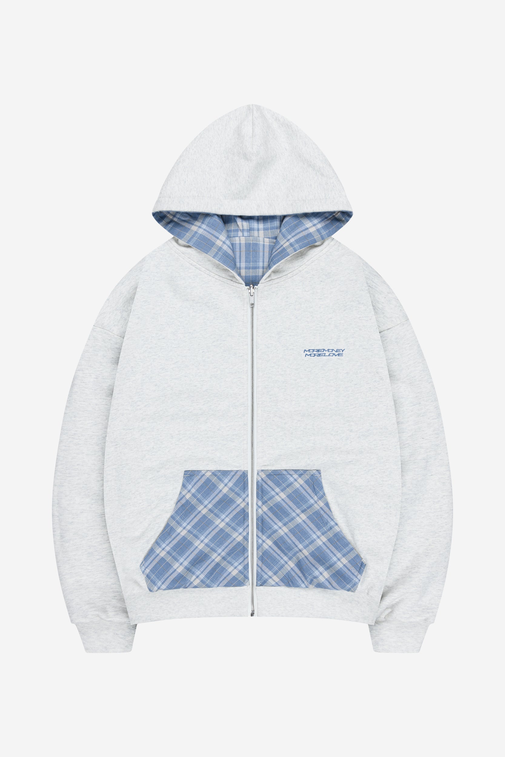 REVERSIBLE PLAID ZIP HOODIE GREY MELANGE + UTILITY DENIM VINTAGE BLUE