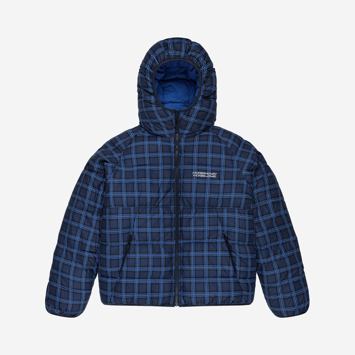 REVERSIBLE PLAID PUFFER BLUE