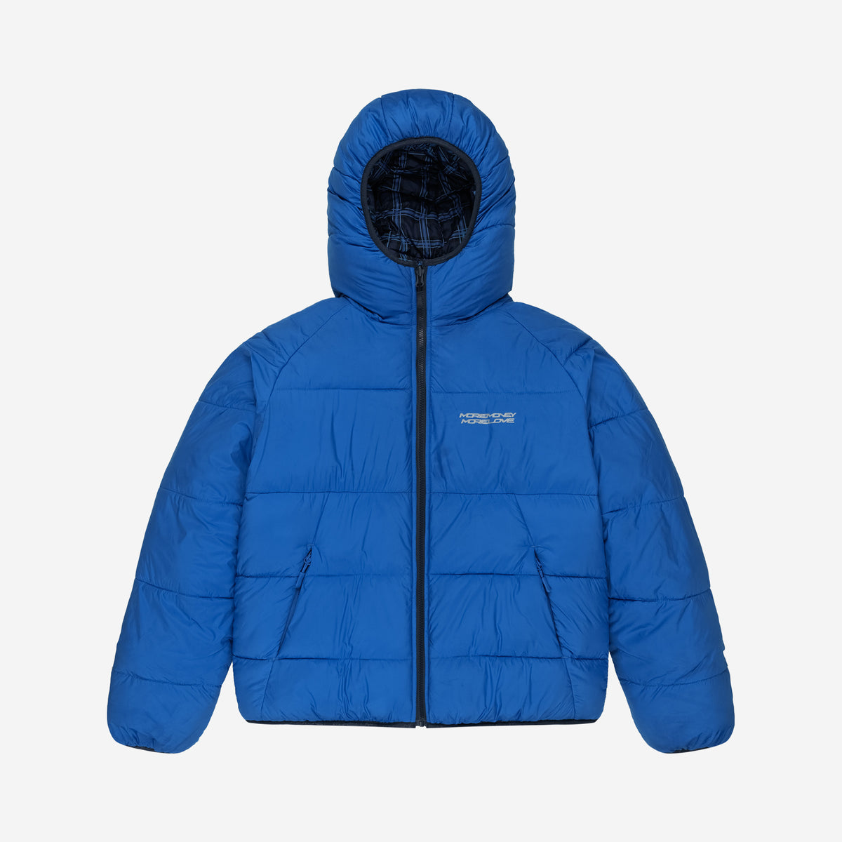 REVERSIBLE PLAID PUFFER BLUE