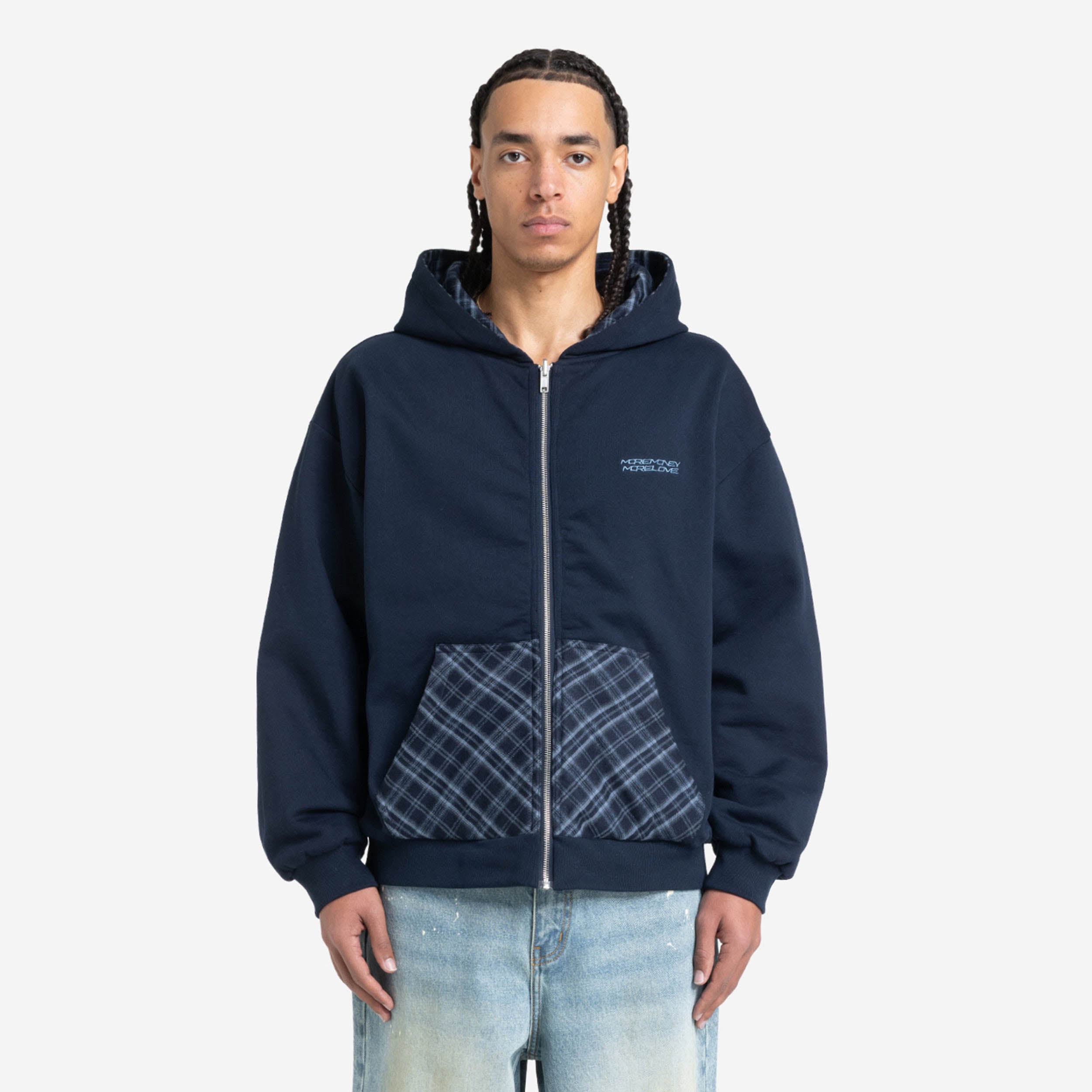 REVERSIBLE PLAID ZIP HOODIE NAVY