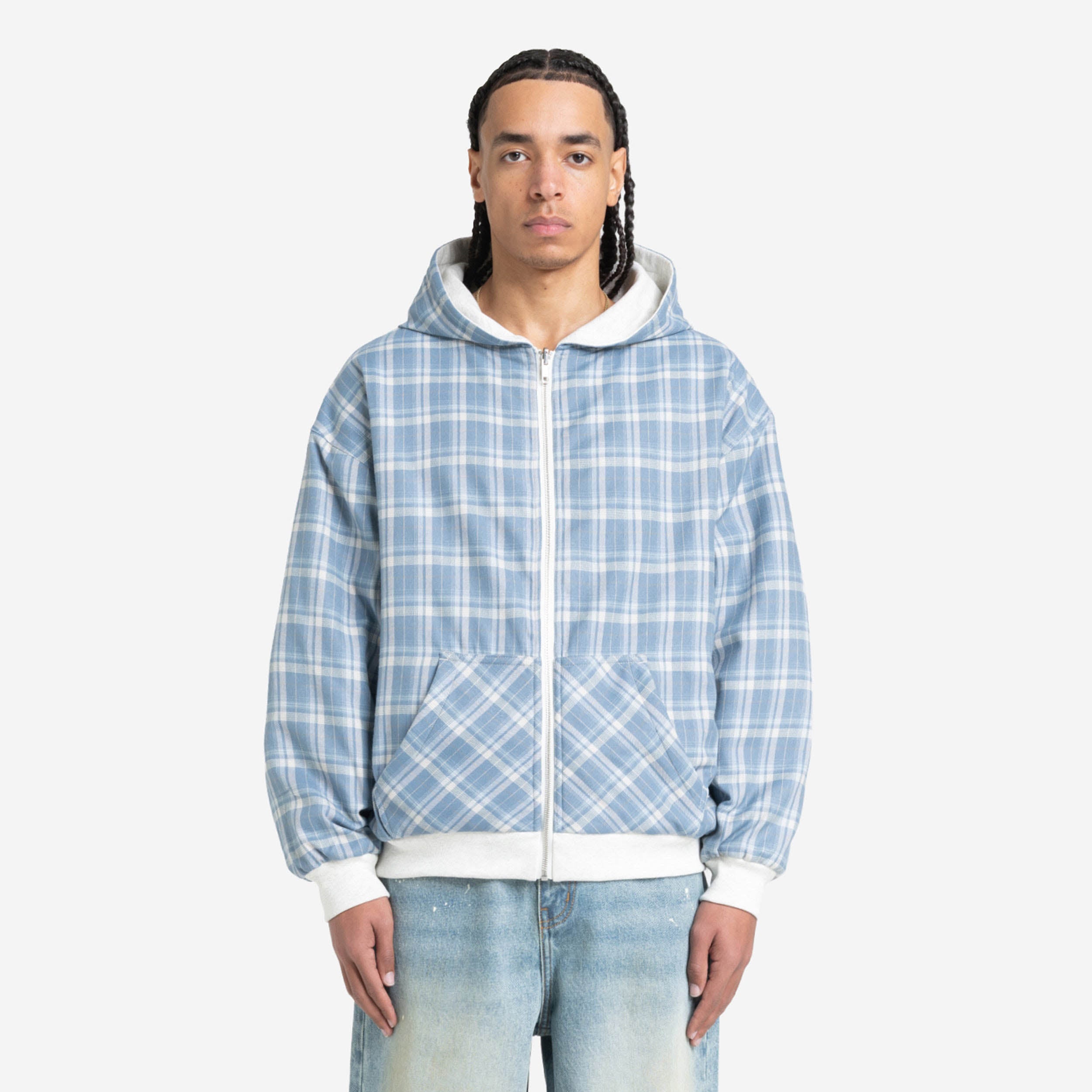REVERSIBLE PLAID ZIP HOODIE GREY MELANGE