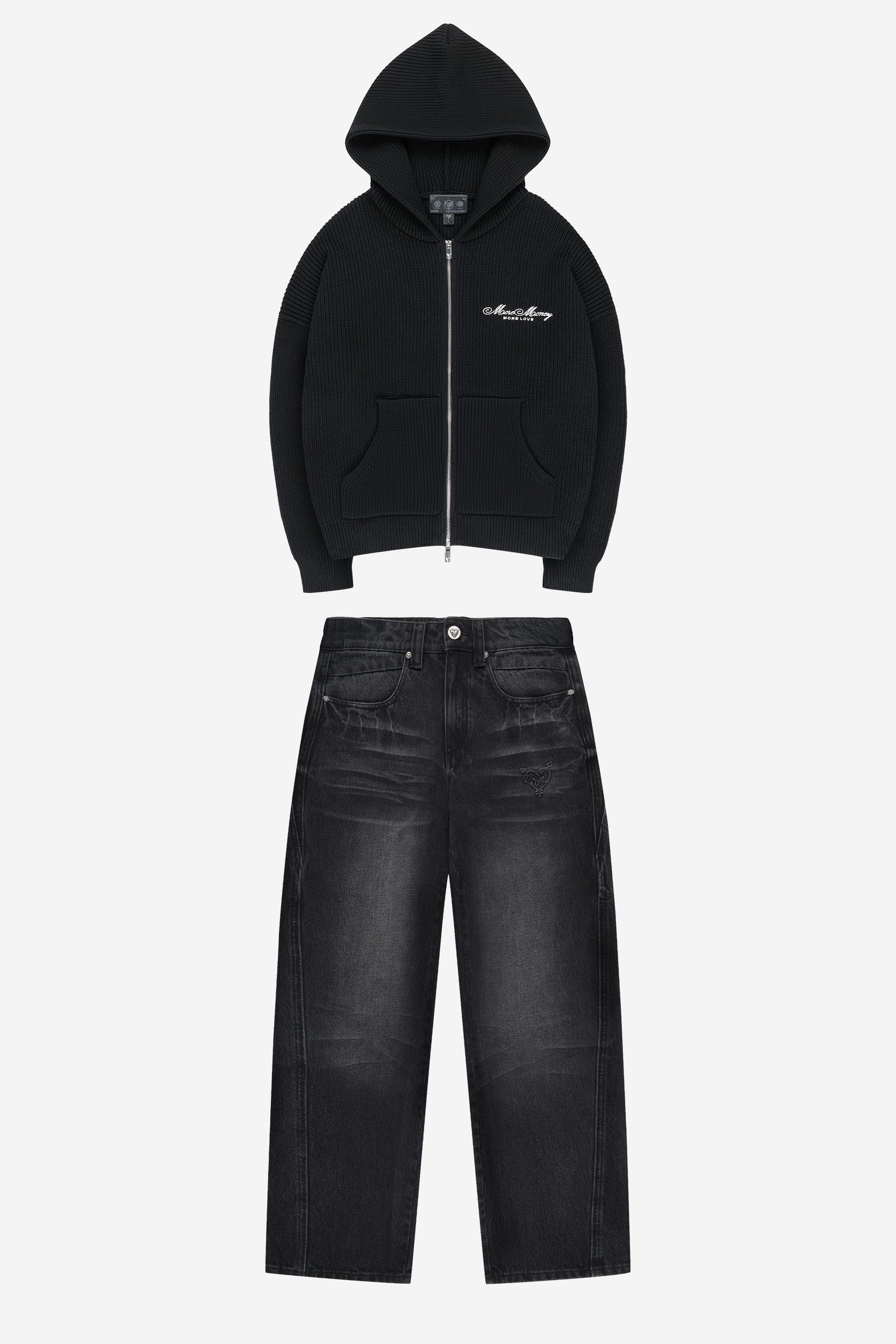 LOGO KNIT ZIP HOODIE BLACK + DISTINCTIVE DENIM BLACK