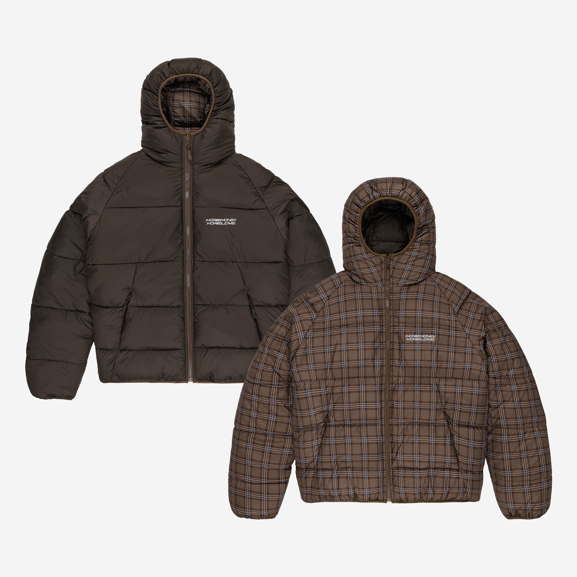 REVERSIBLE PLAID PUFFER BROWN
