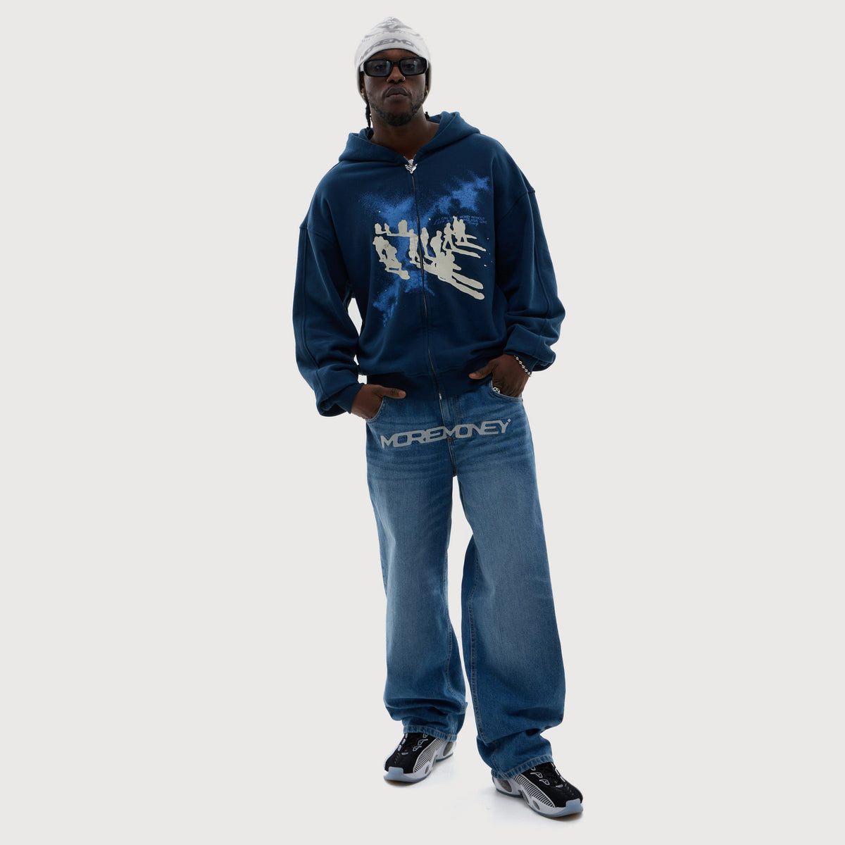 MORE MONEY LOGO BAGGY DENIM BLUE