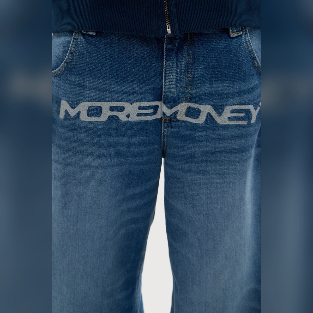 MORE MONEY LOGO BAGGY DENIM BLUE