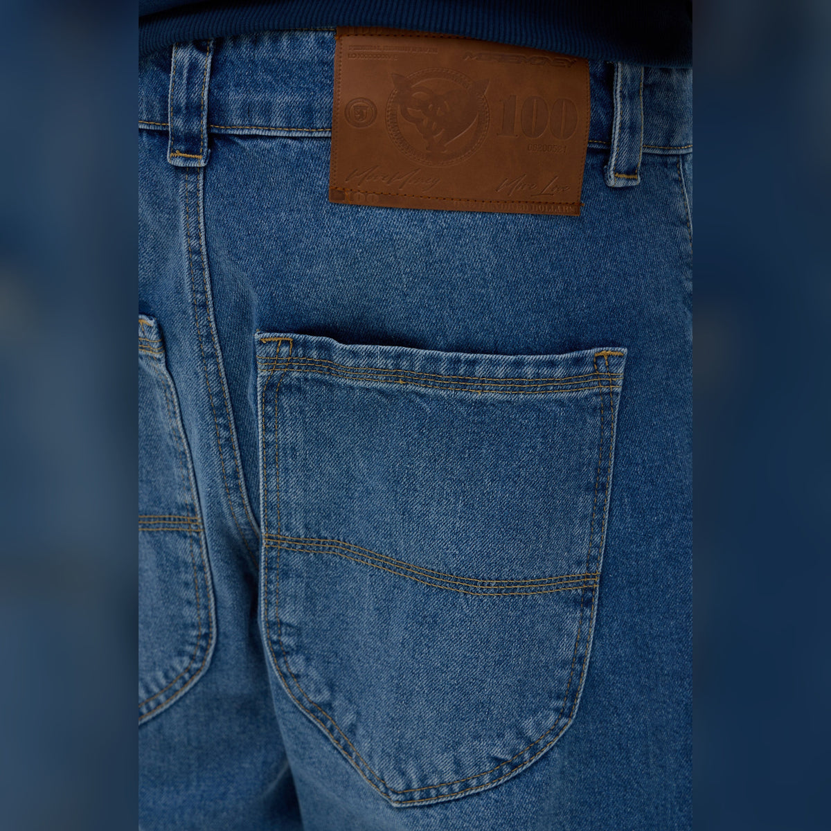 MORE MONEY LOGO BAGGY DENIM BLUE