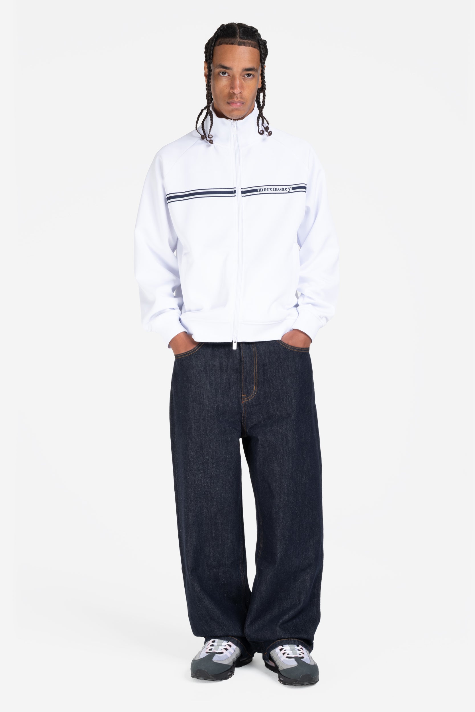 STRIPED TRACK JACKET WHITE + DA BAGGY DENIM RAW