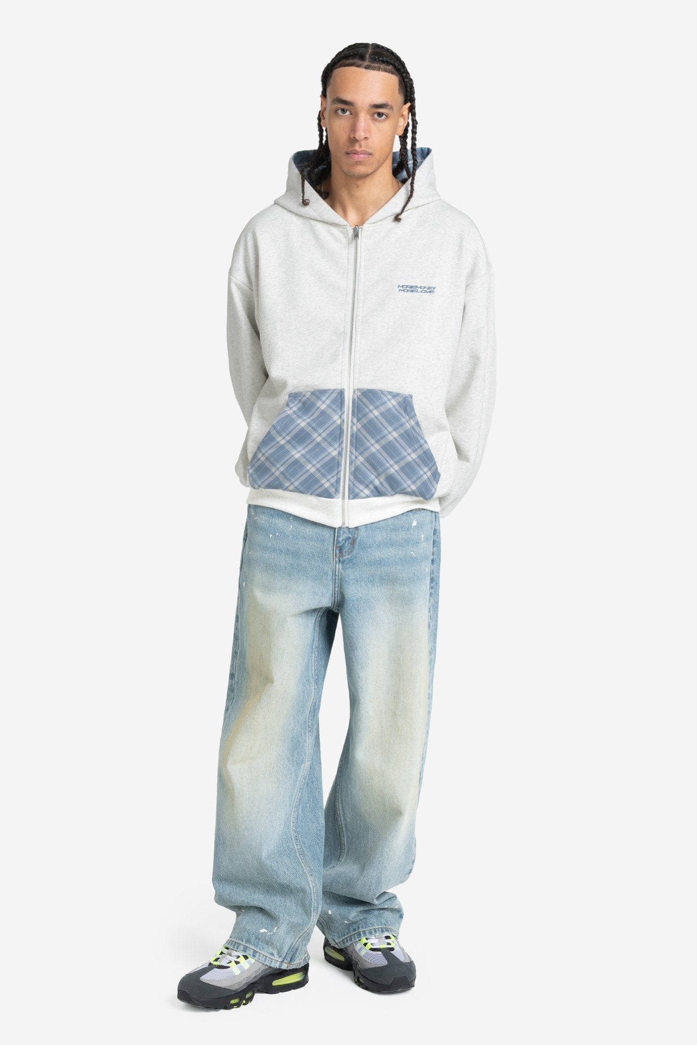 REVERSIBLE PLAID ZIP HOODIE GREY MELANGE + UTILITY DENIM VINTAGE BLUE