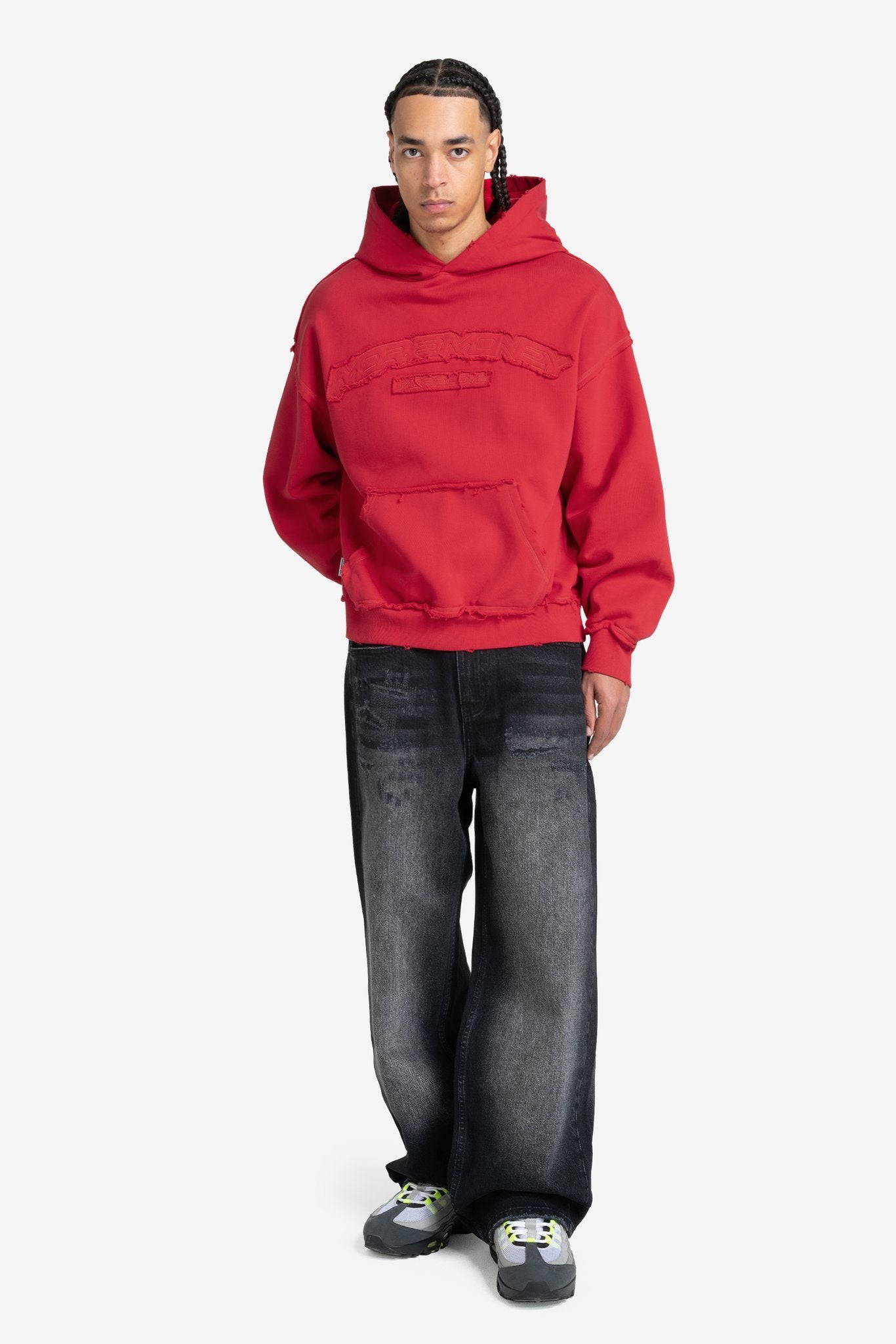 ROUGH HOODIE RED + REPAIR DENIM BLACK IRON