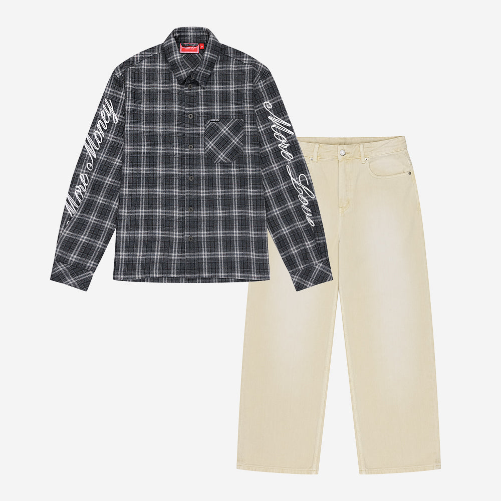 SCRIPT FLANNEL DARK GREY + BASE DENIM WASHED SAND