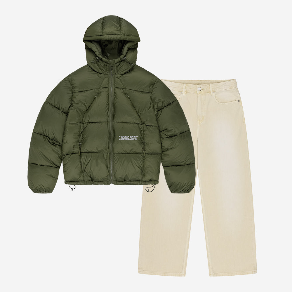 MORE MONEY BIG PUFFER OLIVE + BASE DENIM WASHED SAND