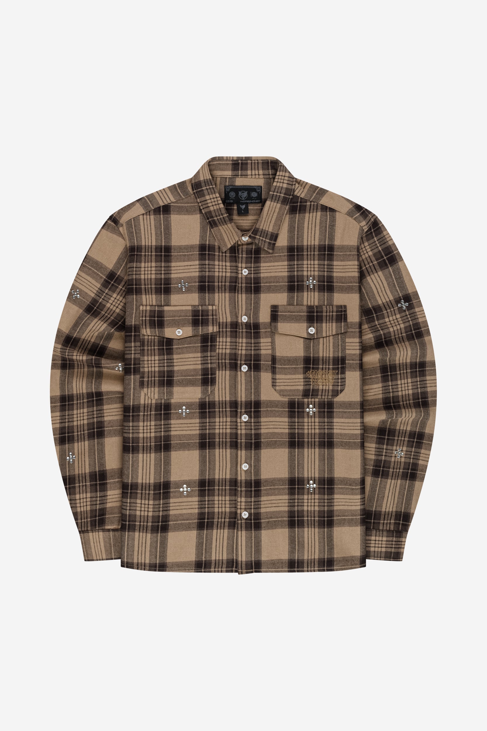 PLUS RHINESTONE FLANNEL BROWN + DISTINCTIVE BAGGY DENIM BROWN