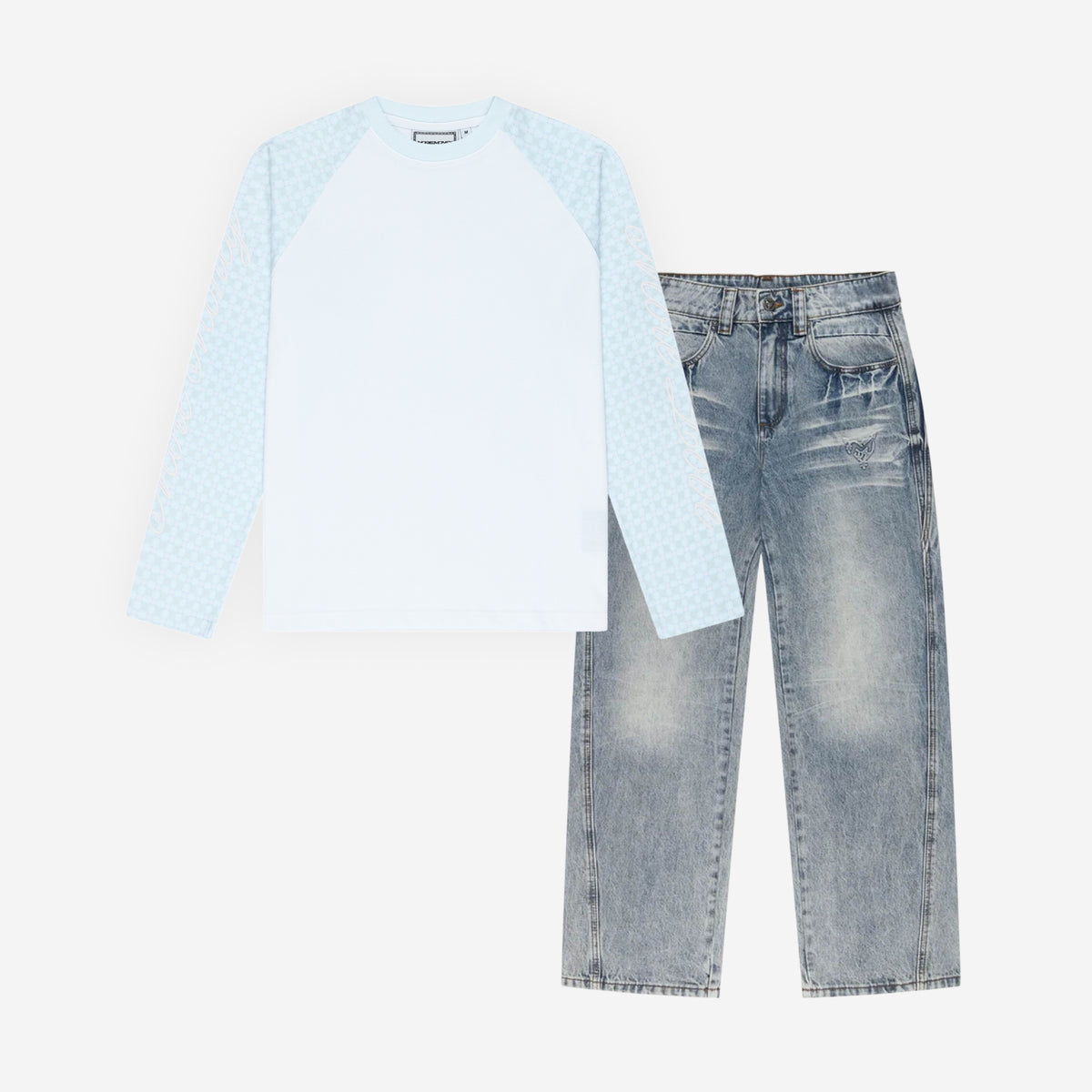 PLAID SCRIPT RAGLAN LONGSLEEVE AIR BLUE + DISTINCTIVE DENIM WASHED BLUE