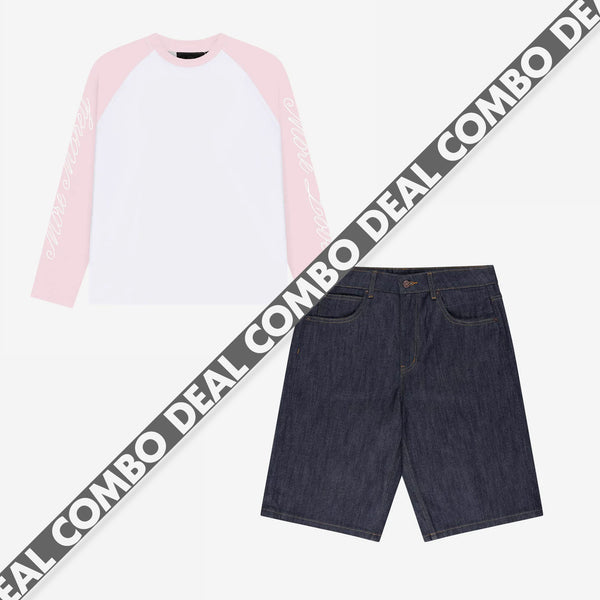SCRIPT RAGLAN LONGSLEEVE PINK + BASE JORTS RAW BLUE