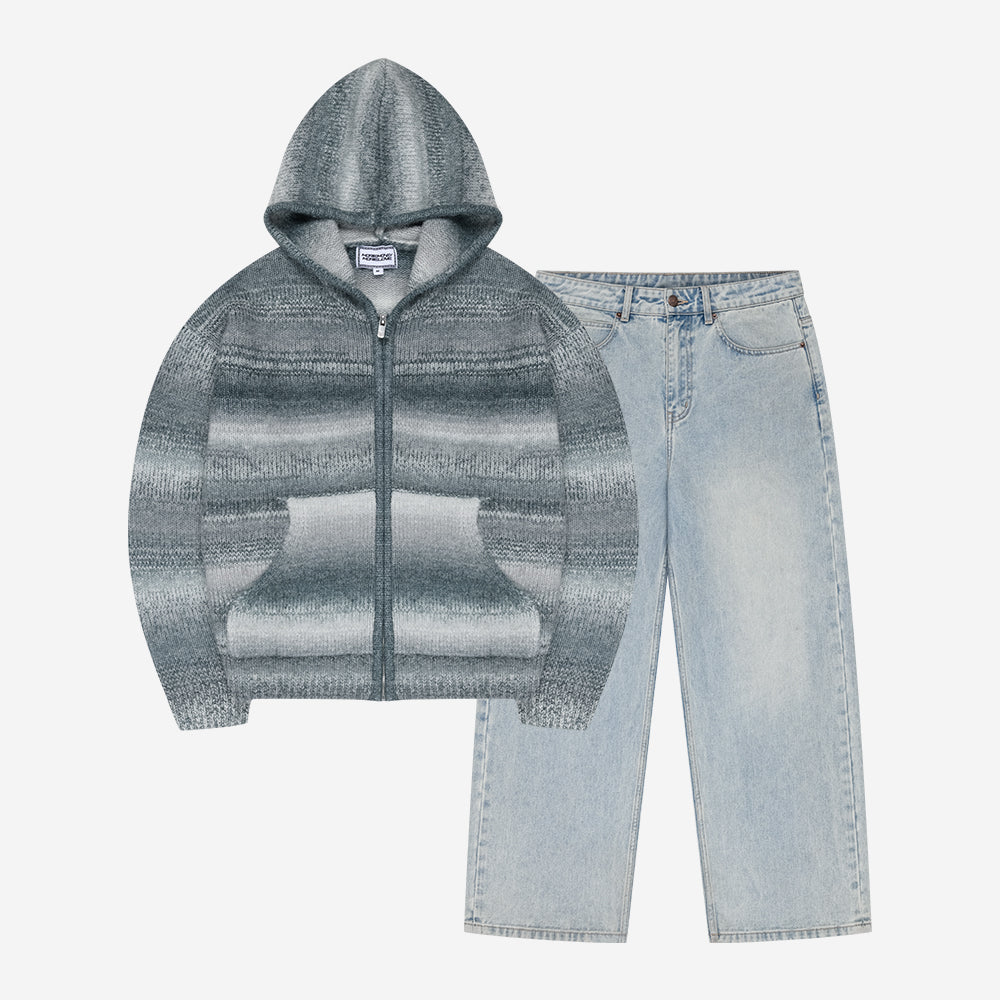 GRADIENT KNIT ZIP HOODIE FROSTY GREY + BASE DENIM FADED BLUE