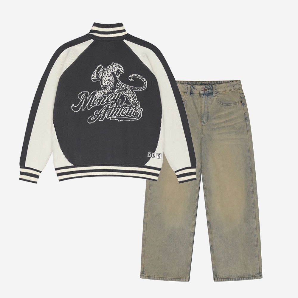 KNIT ZIP JACKET DARK GREY / CREAM + BASE DENIM DUNE