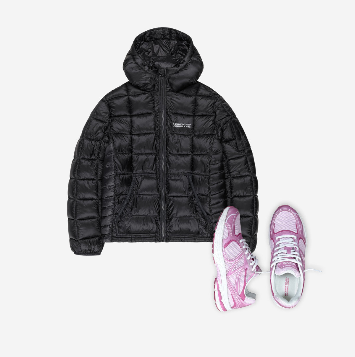 MORE MONEY SLIM PUFFER BLACK + MOTION RUNNER WILD ROSE