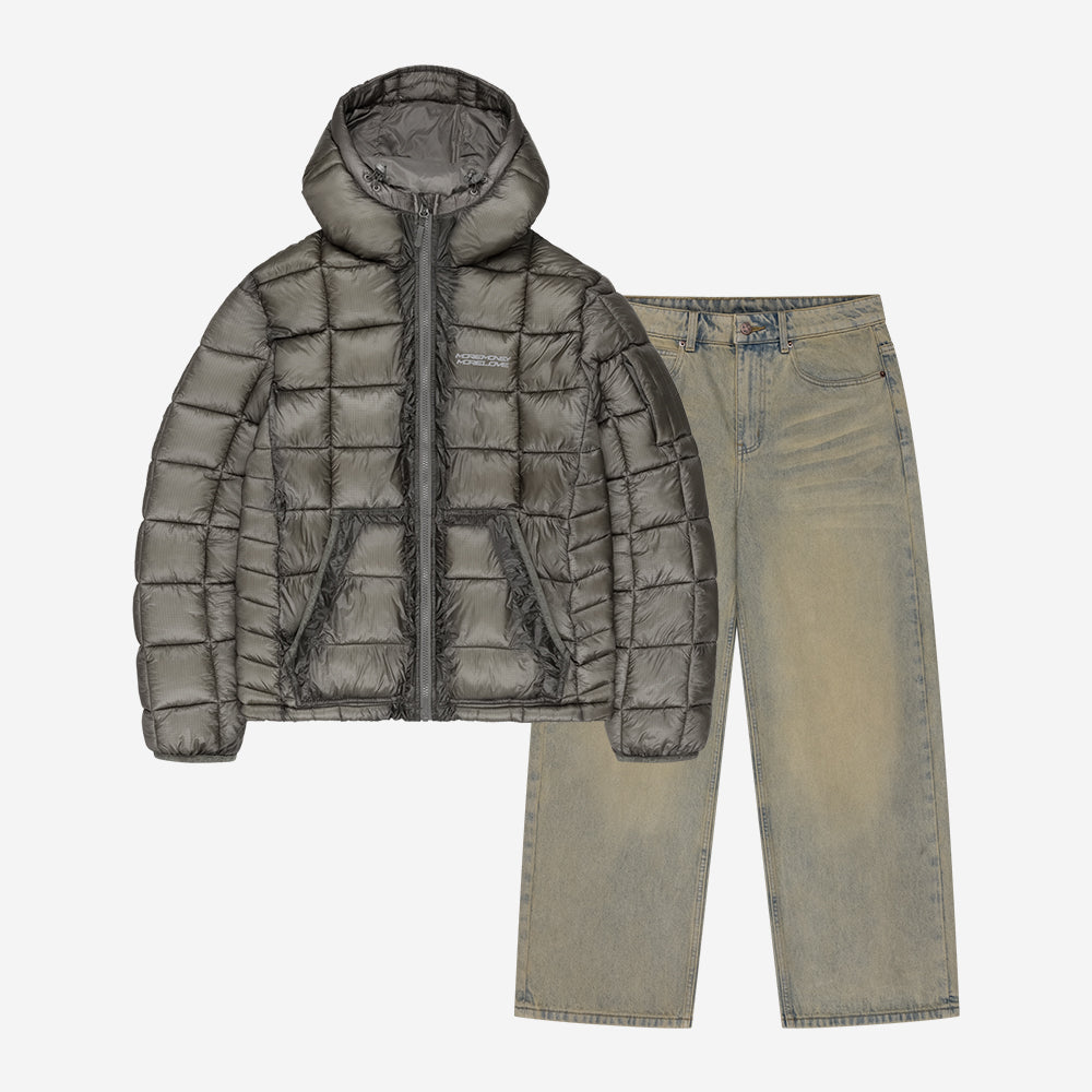 MORE MONEY SLIM PUFFER GREY + BASE DENIM DUNE