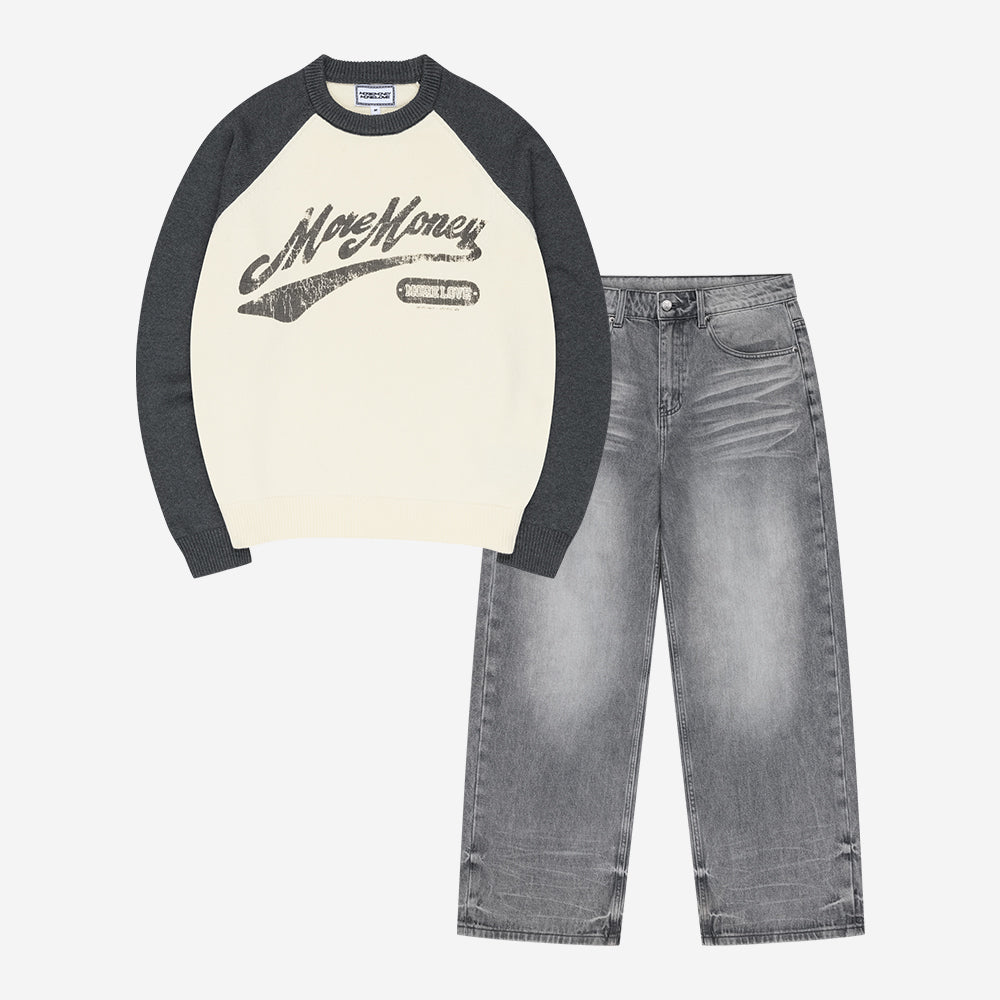 RAGLAN KNIT SWEATER DARK GREY / CREAM + BASE DENIM LIGHT GREY