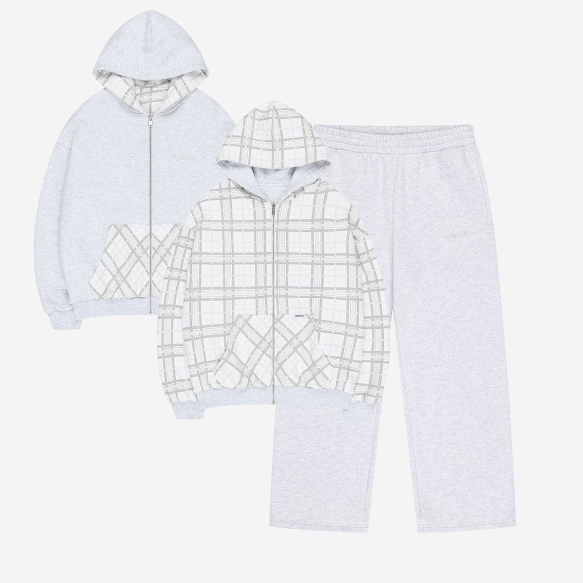 REVERSIBLE PLAID ZIP HOODIE WHITE + CLOUDS JOGGER HEATHER GREY