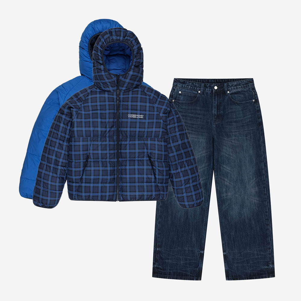 REVERSIBLE PLAID PUFFER + BASE DENIM MIDNIGHT BLUE