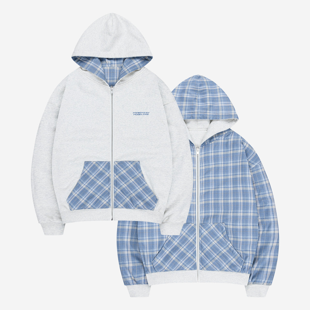 REVERSIBLE PLAID ZIP HOODIE GREY MELANGE