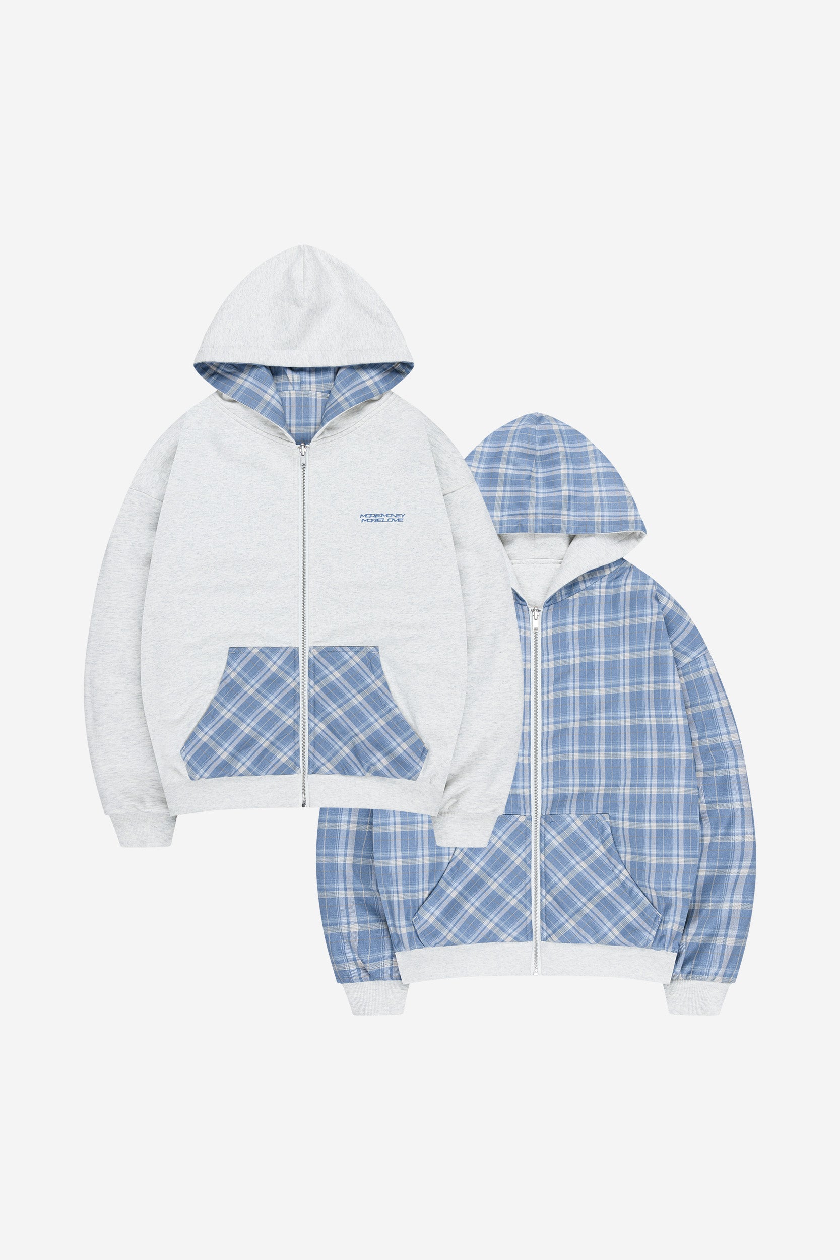 REVERSIBLE PLAID ZIP HOODIE GREY MELANGE