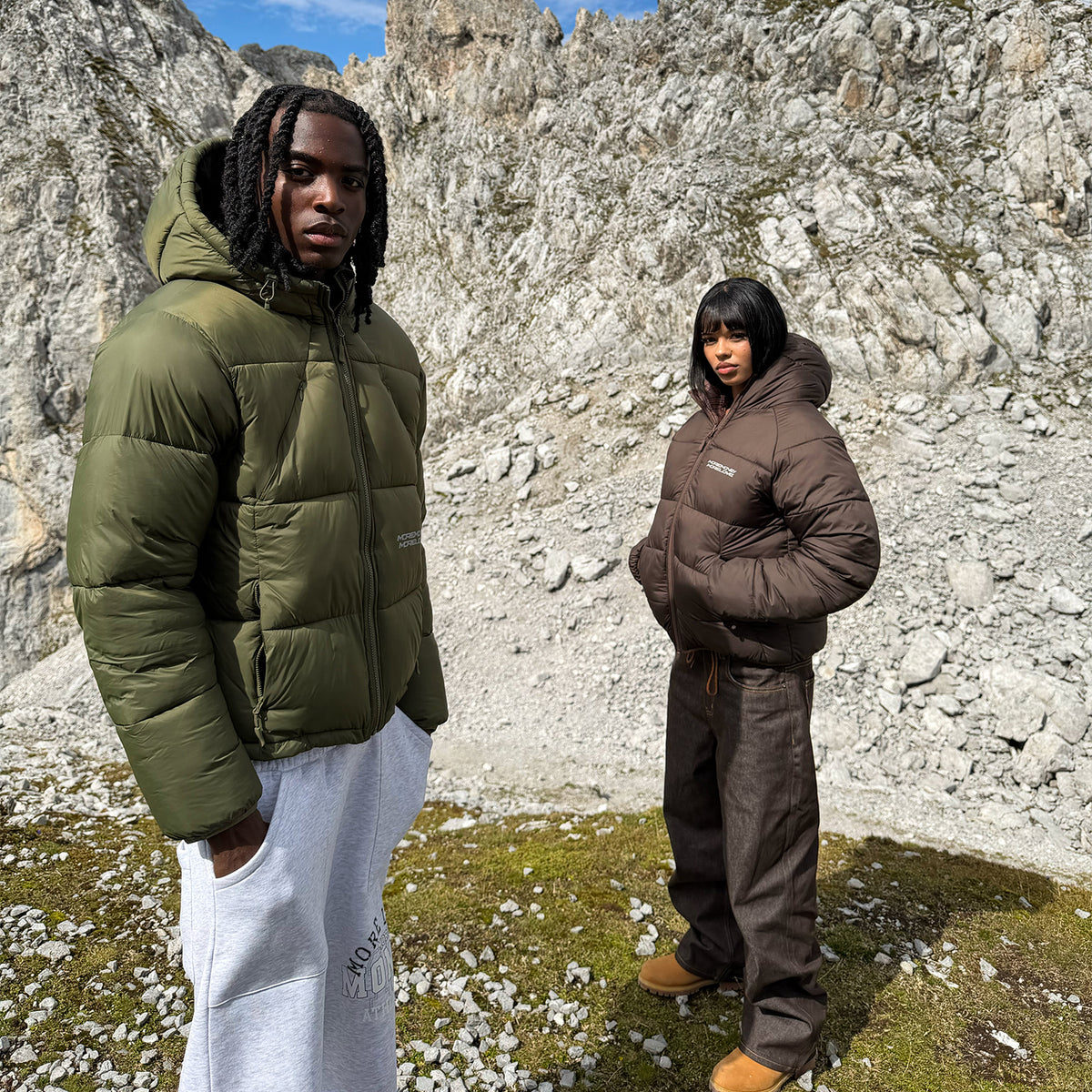 MORE MONEY BIG PUFFER OLIVE + BASE DENIM WASHED SAND