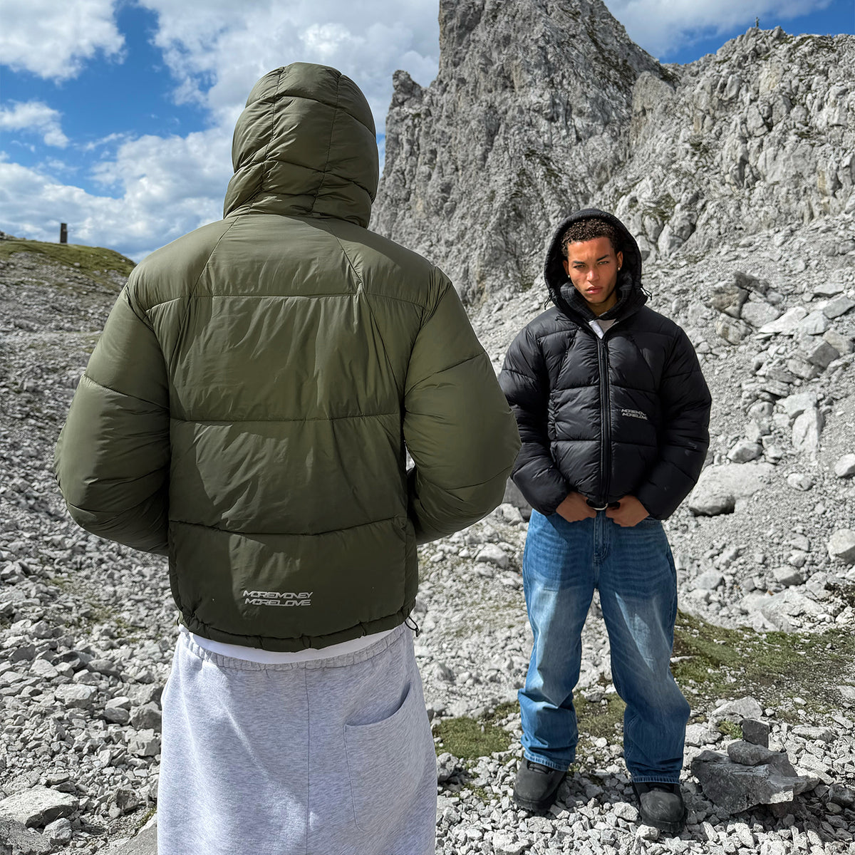 MORE MONEY BIG PUFFER OLIVE + BASE DENIM WASHED SAND