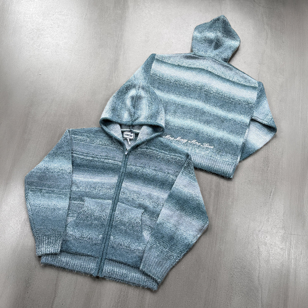 GRADIENT KNIT ZIP HOODIE FROSTY GREY + BASE DENIM FADED BLUE