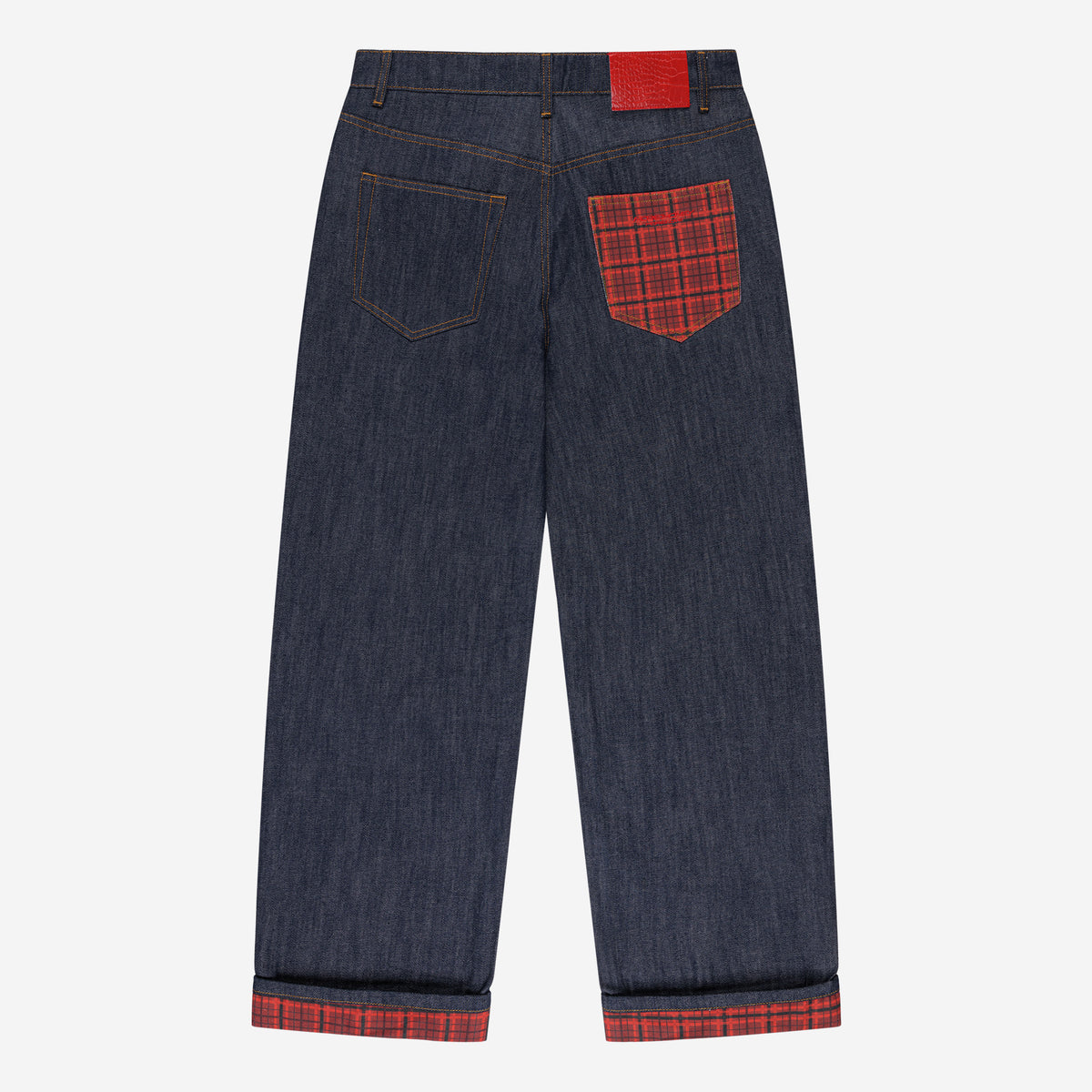 PLAID PATCHWORK RAW DENIM