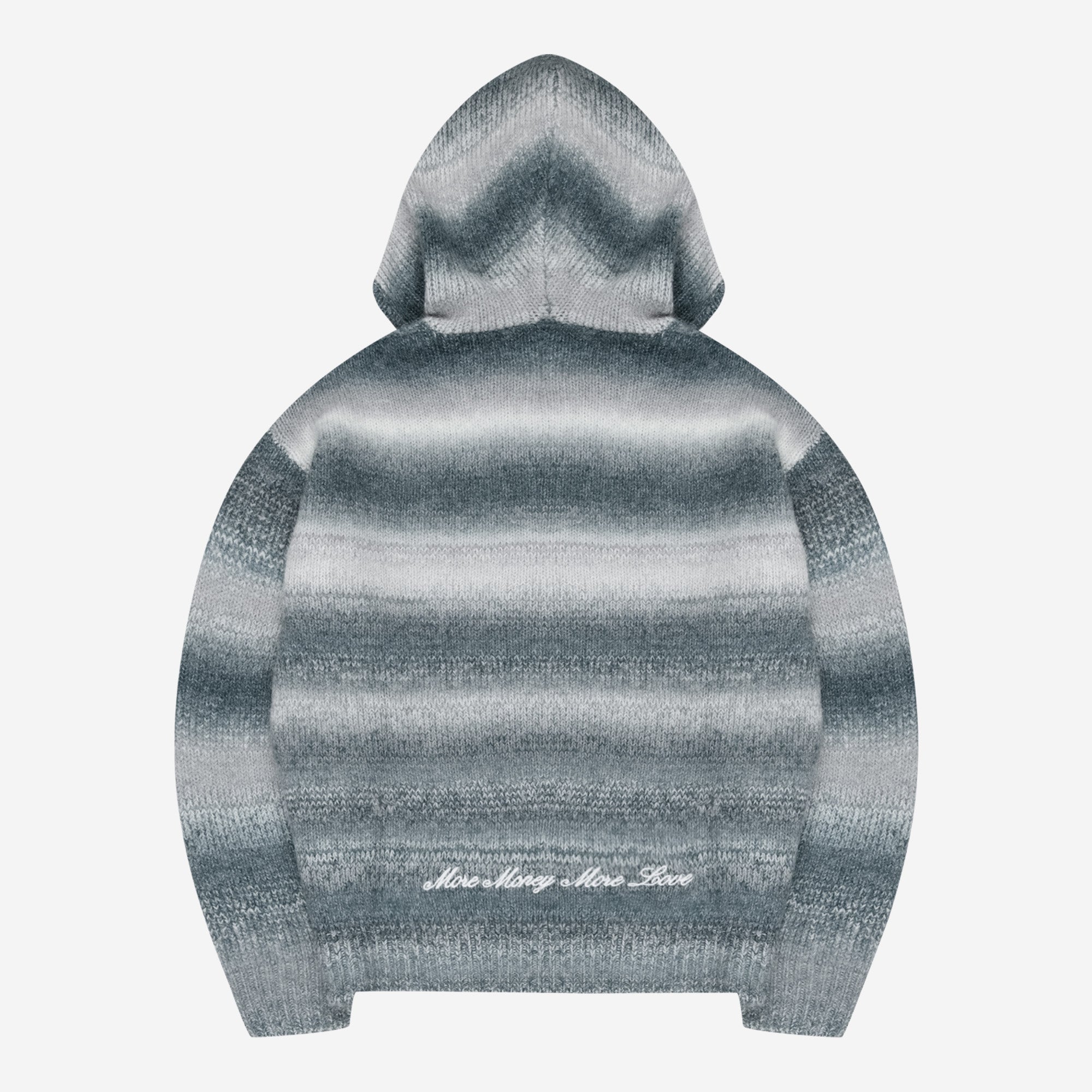 GRADIENT KNIT ZIP HOODIE FROSTY GREY + BASE DENIM FADED BLUE