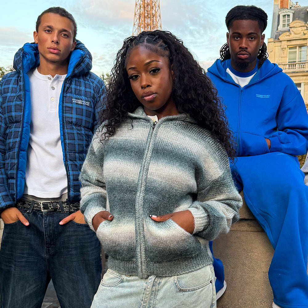 GRADIENT KNIT ZIP HOODIE FROSTY GREY + BASE DENIM FADED BLUE