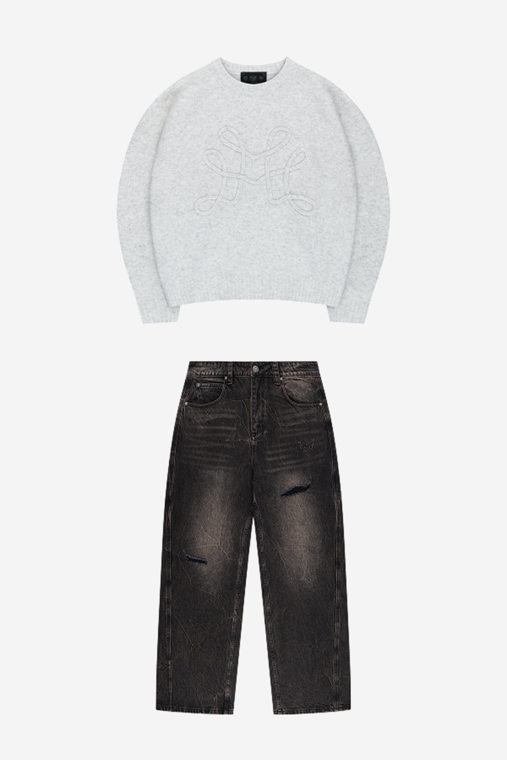 DA BIG M KNIT SWEATER GREY + RIPPED DISTINCTIVE BAGGY DENIM BLACK