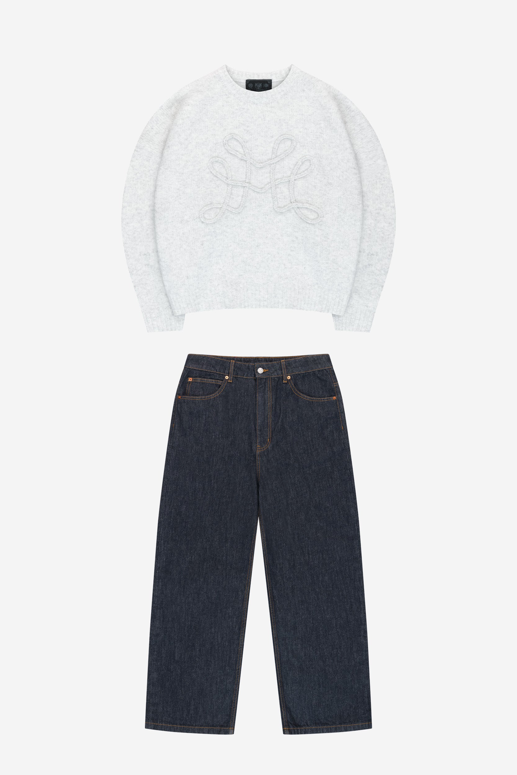 DA BIG M KNIT SWEATER GREY + DA BAGGY DENIM RAW