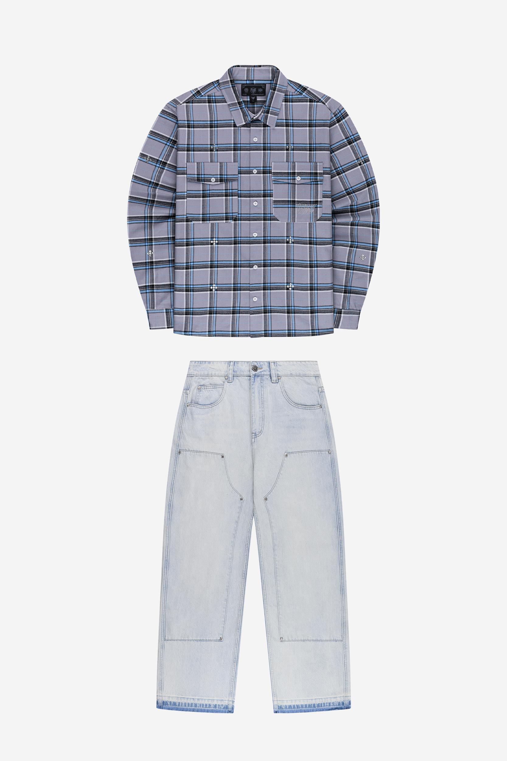 PLUS RHINESTONE FLANNEL GREY + RHINESTONE CARPENTER DENIM BLUE