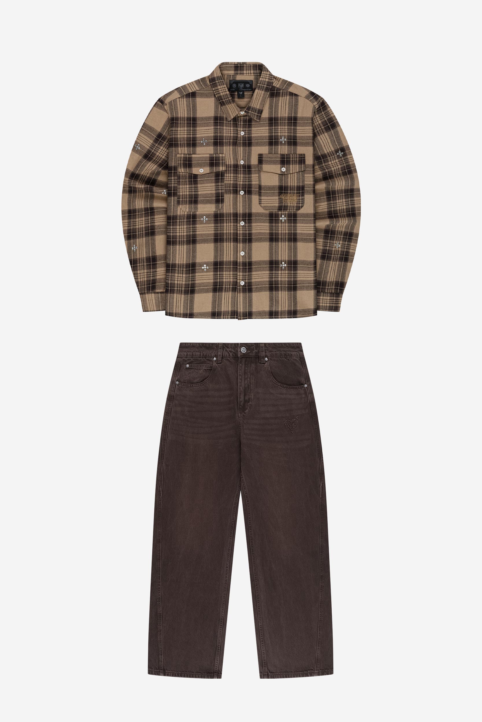PLUS RHINESTONE FLANNEL BROWN + DISTINCTIVE BAGGY DENIM BROWN