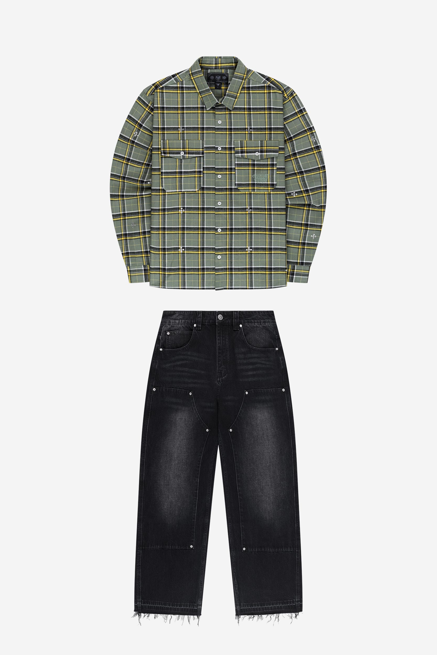 PLUS RHINESTONE FLANELL GREEN + RHINESTONE CARPENTER DENIM BLACK