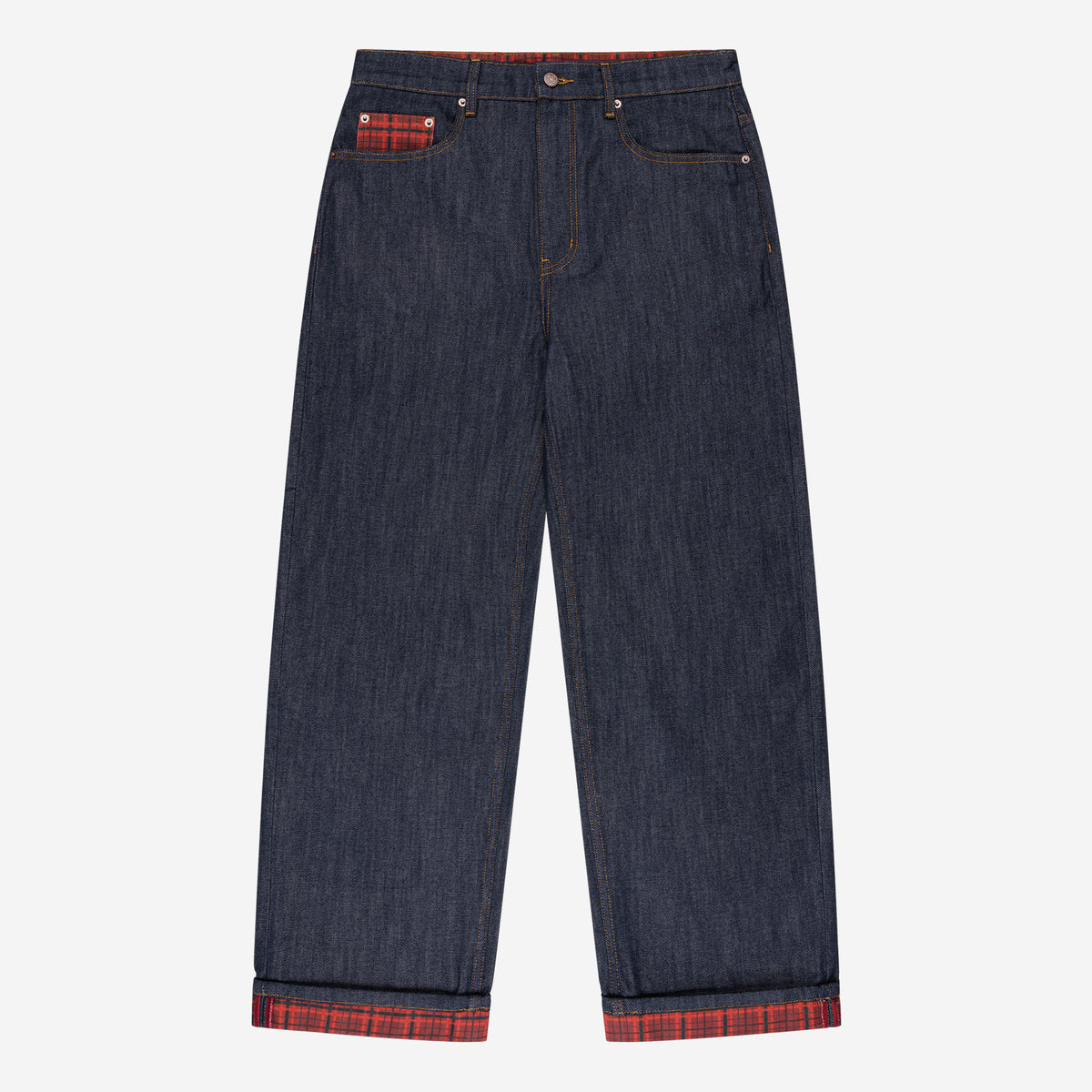 PLAID PATCHWORK RAW DENIM