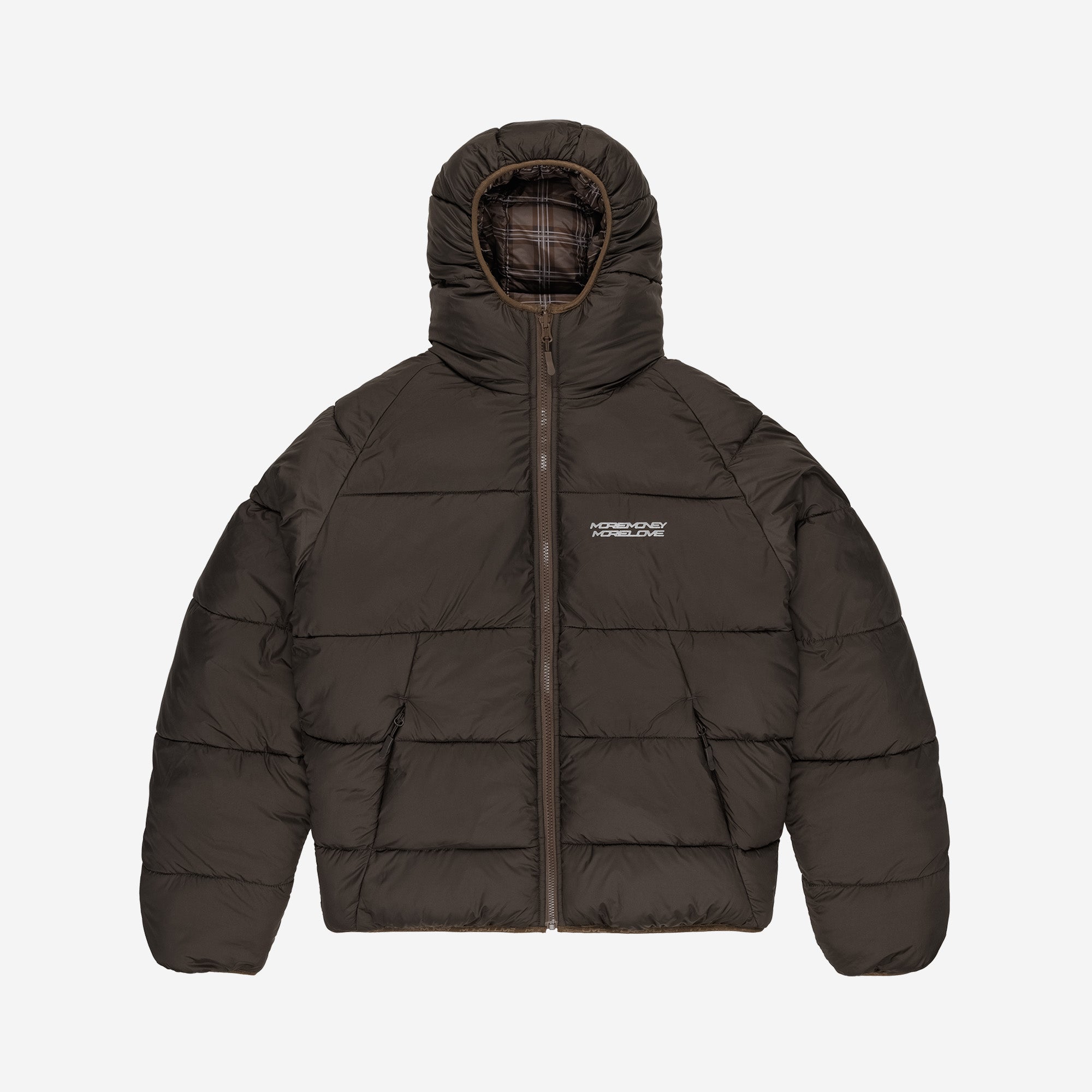 REVERSIBLE PLAID PUFFER BROWN