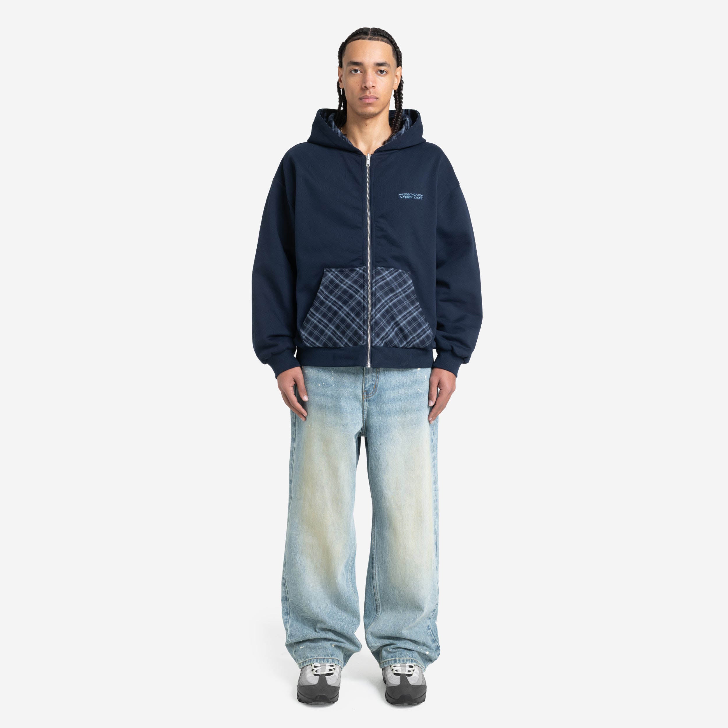 REVERSIBLE PLAID ZIP HOODIE NAVY