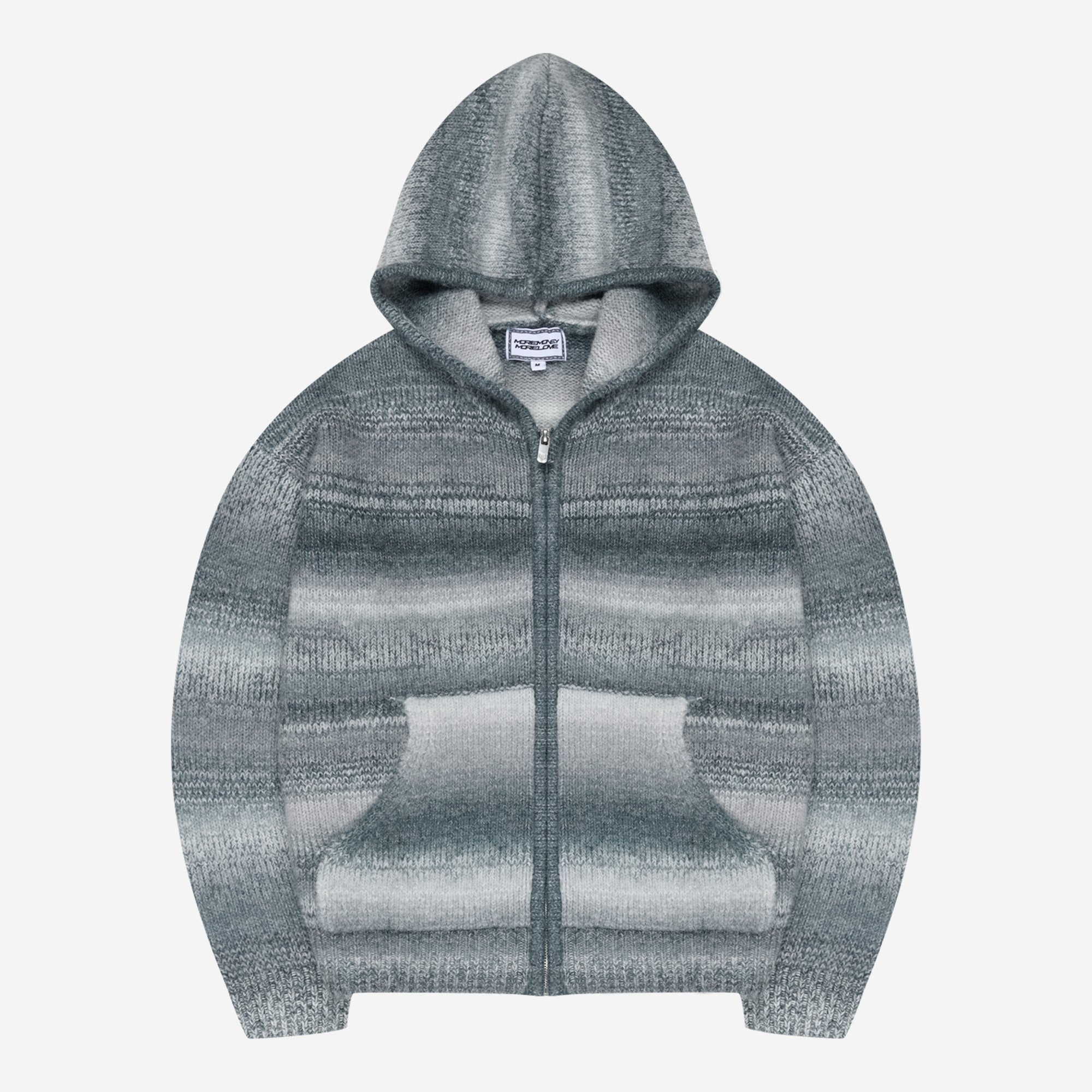 GRADIENT KNIT ZIP HOODIE FROSTY GREY + BASE DENIM FADED BLUE