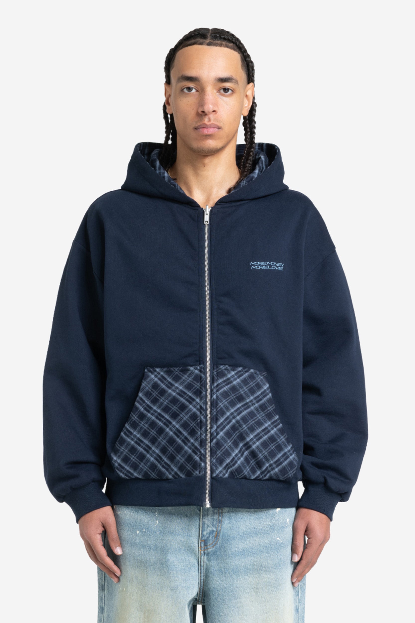 REVERSIBLE PLAID ZIP HOODIE NAVY