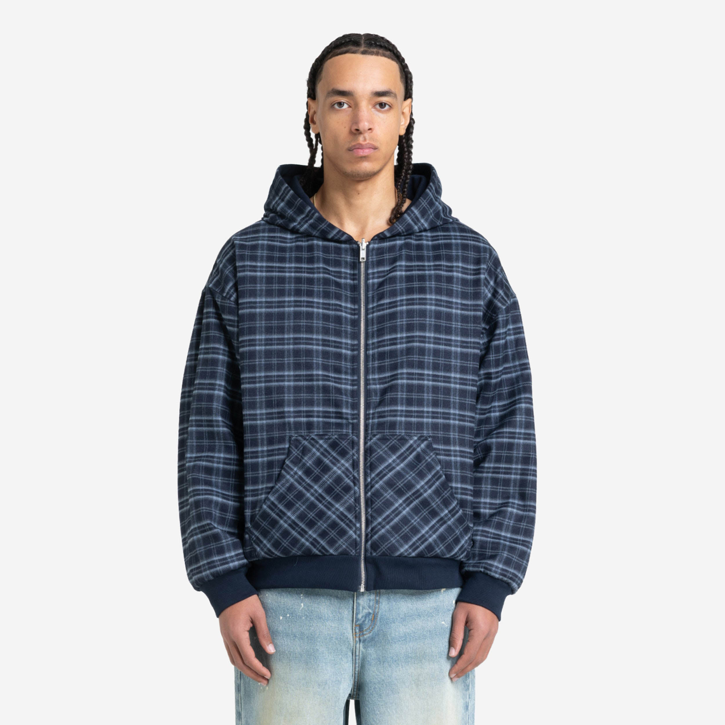 REVERSIBLE PLAID ZIP HOODIE NAVY